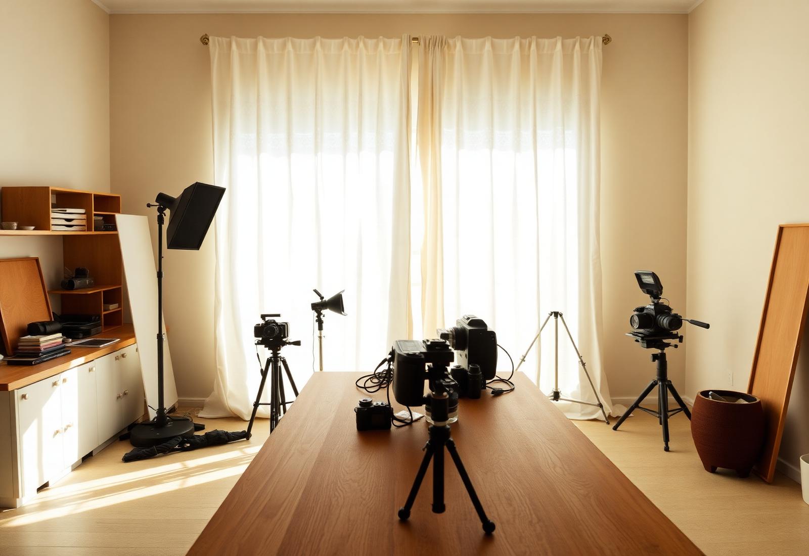 Werktafel van de studio met camera-apparatuur en natuurlijk licht