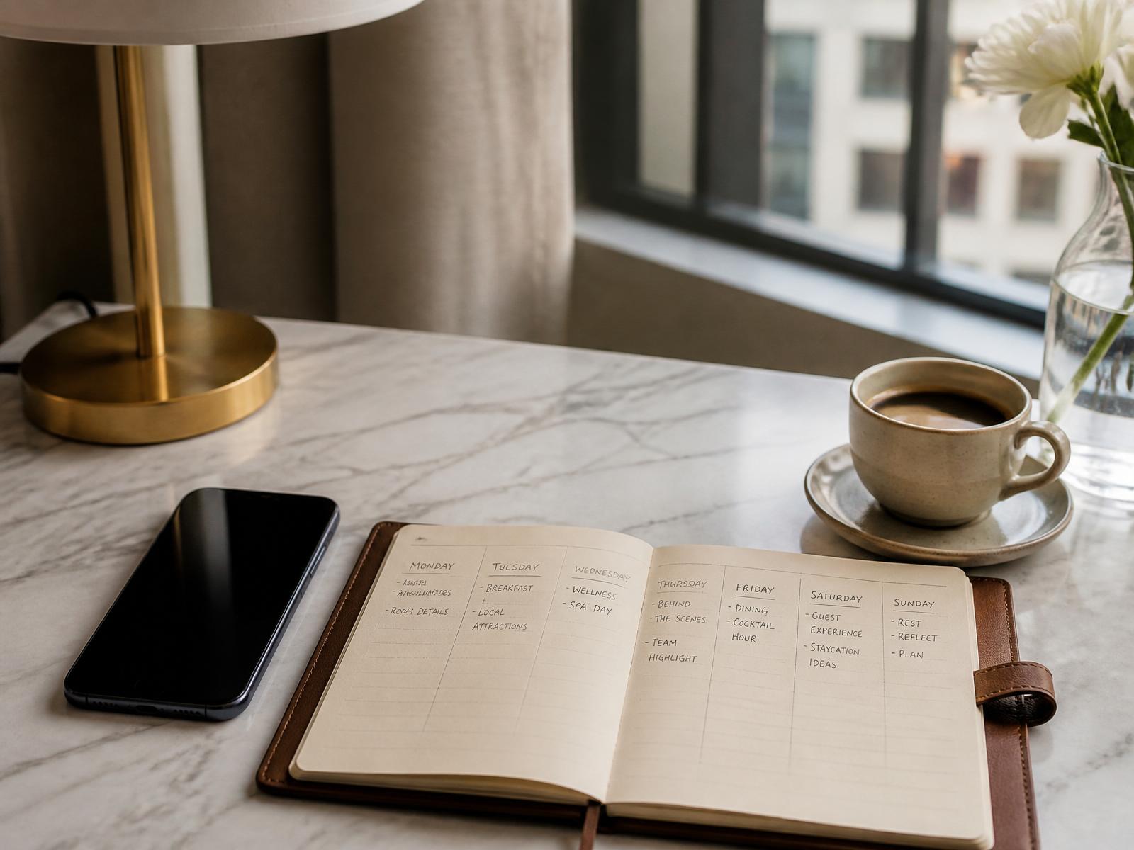 Werktafel met contentkalender, telefoon en koffie